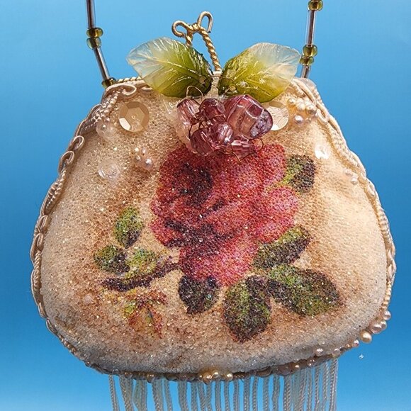 Victorian "Sugared" Purse Ornaments Lace Roses Beaded Handle Tulle Ribbon Tassel - Picture 7 of 12